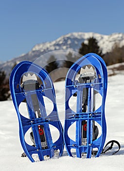 Blue snowshoes in the mountain photo
