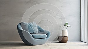 blue snuggle chair and stone end table in empty room