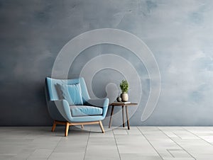 Blue snuggle chair and stone end table in empty room. Minimalist interior design of modern living room