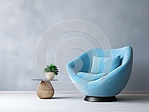 Blue snuggle chair and stone end table in empty room. Minimalist interior design of modern living room