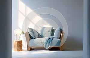 Blue snuggle chair and stone end table in empty room. Minimalist interior design of modern living room. Created with generative AI