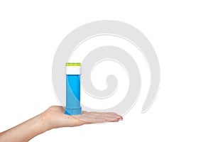 Blue soap bubble bottle with hand isolated on white background, copy space template
