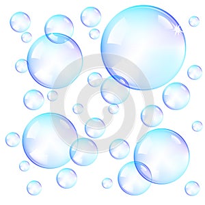 Blue soap bubbles on a white background