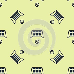 Blue Soccer goal with ball icon isolated seamless pattern on yellow background. Vector