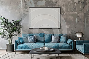 Blue sofa and armchair against grey wall in living room interior with blank picture frame