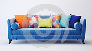 Blue sofa with colorful pillows and a white coffee table. Bright and cozy living room. generative ai