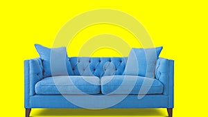 Blue sofa isolated on yellow background