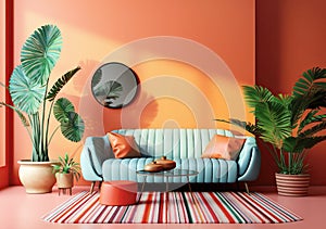Blue sofa near orange wall Colorful pop art eclectic style interior design of modern living room. Created with generative AI