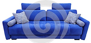Blue sofa. Soft velour fabric couch. Classic modern divan on isolated background