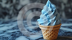 Blue soft serve ice cream cone on blurred background