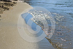 Blue soft wave on sandy beach with shell at summer sunny day