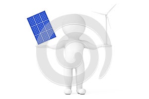 Blue Solar Cell Pattern Panel with Wind Turbine Windmill Balancing in Person Character Hands. 3d Rendering