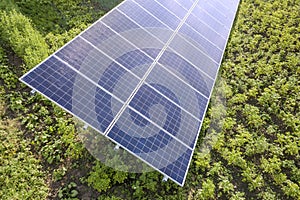 Blue solar panels for clean energy on green grass