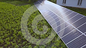 Blue solar panels for clean energy on green grass.