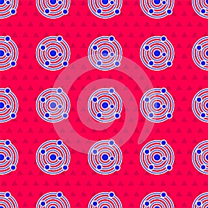Blue Solar system icon isolated seamless pattern on red background. The planets revolve around the star. Vector