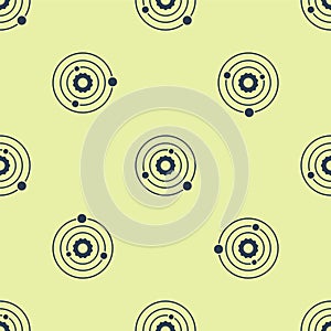 Blue Solar system icon isolated seamless pattern on yellow background. The planets revolve around the star. Vector
