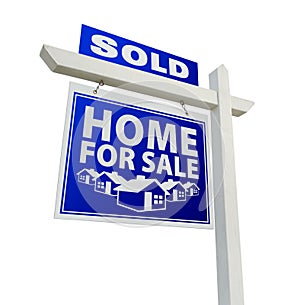 Blue Sold Home for Sale Real Estate Sign on White