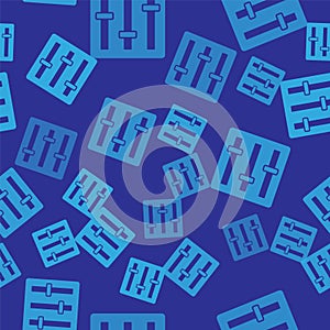 Blue Sound mixer controller icon isolated seamless pattern on blue background. Dj equipment slider buttons. Mixing