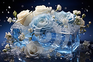 Blue spa and cosmetics display podium with elegant water texture and floating flowers