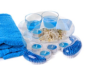 Blue spa items on white background