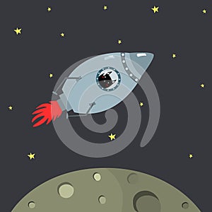 Blue space shuttle with cute cartoon style cat on grey background with big moon and stars vector illustration