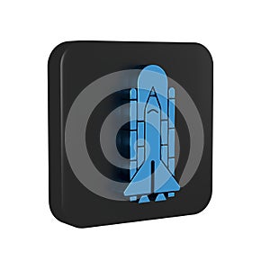 Blue Space shuttle and rockets icon isolated on transparent background. Black square button.