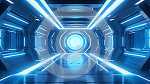 Blue spaceship interior with neon lights on panel walls. Futuristic modern corridor in space station background. 3d rendering -