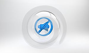 Blue Speaker mute icon isolated on grey background. No sound icon. Volume Off symbol. Glass circle button. 3D render