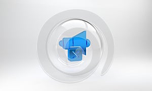 Blue Speaker mute icon isolated on grey background. No sound icon. Volume Off symbol. Glass circle button. 3D render
