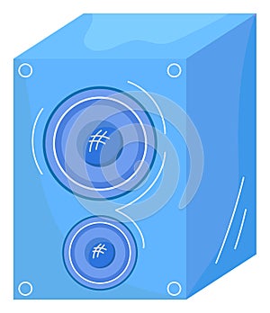 Blue speaker with sound waves indicating audio output. Modern music equipment concept, audio technology. Cartoon style