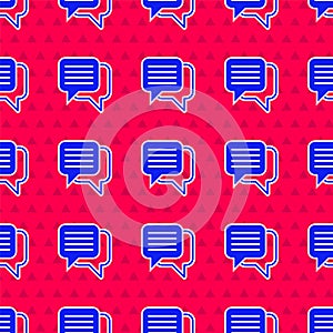 Blue Speech bubble chat icon isolated seamless pattern on red background. Message icon. Communication or comment chat
