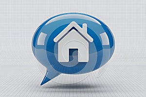 Blue Speech Bubble with White House Icon on Grid Background