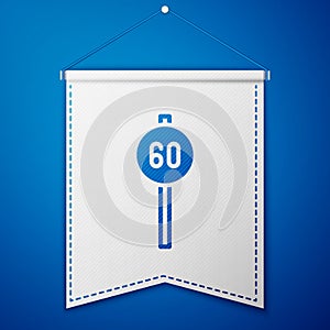 Blue Speed limit traffic sign 60 km icon isolated on blue background. White pennant template. Vector