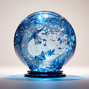 A Blue Sphere With A Light Inside, blue glass globe on white background