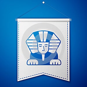 Blue Sphinx - mythical creature of ancient Egypt icon isolated on blue background. White pennant template. Vector