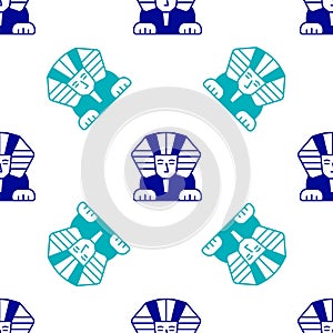 Blue Sphinx - mythical creature of ancient Egypt icon isolated seamless pattern on white background. Vector