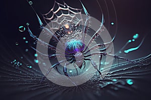 a blue spider with a web on it\'s back and a spider web on its back, in front of a dark background with water droplets