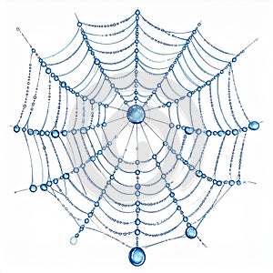 Blue Spiderweb with Dew Drops on White Background