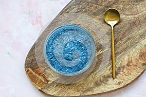 Blue spirulina chia seed pudding bowl. Superfood and vegan concept photo