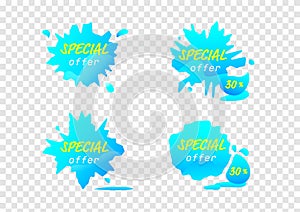 Blue splash tag sale banner, water drop vectors or discount promotion element design with text box on transparency background