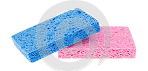 Blue sponge atop a pink sponge