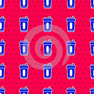 Blue Sport bottle with water icon isolated seamless pattern on red background. Vector