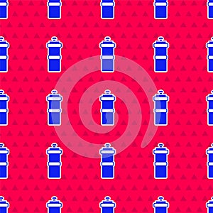 Blue Sport bottle with water icon isolated seamless pattern on red background. Vector