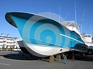Blue Sport Fishing Boat in Dry Dock