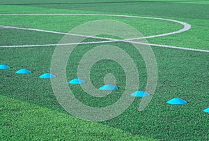 Blue sport Marker on green grass soccer football pitch