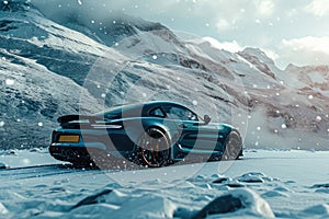 A blue sports car drives confidently on a snow-covered road, leaving behind tracks in the white snow, A sports car parked amidst a