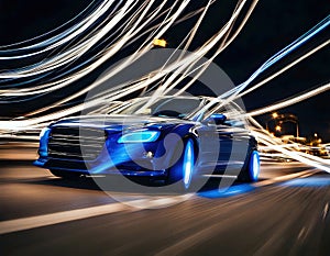 Blue Sports Car in Dynamic Nighttime City Drive