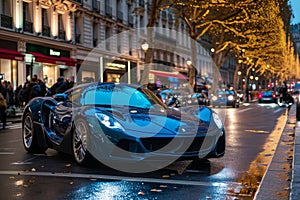 A blue sports car is parked on the side of the road, its sleek design catching the eye of passersby, A shiny, blue sports car photo