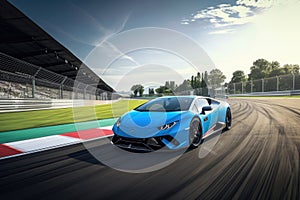 A blue sports car races down the track, leaving a trail of excitement and adrenaline in its wake, A blue Lamborghini on a racing