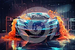 A blue sports car speeds down the track with flames shooting out from its exhaust, Young man washes his sports car created with